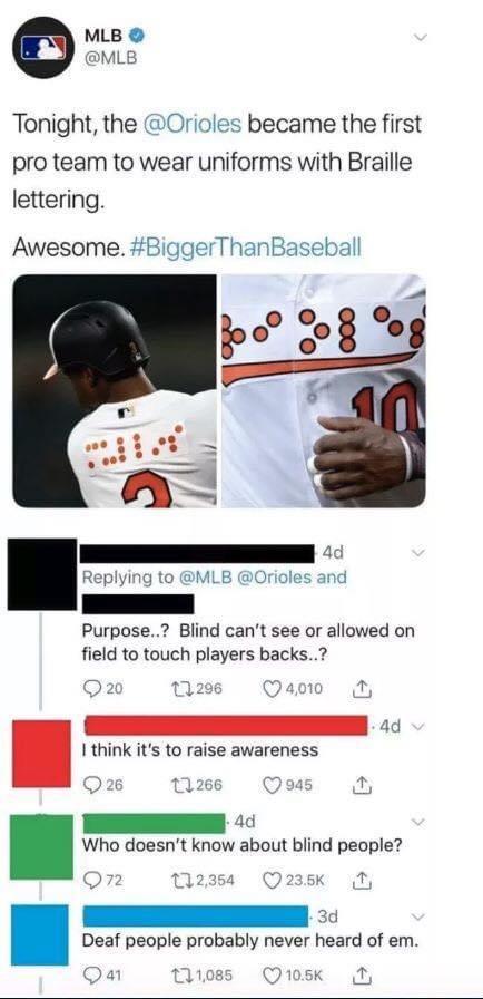 Tonight the Orioles became the first pro team to wear uniforms with Braille lettering Awesome BiggerThanBaseball RPU I Purpose Blind cant see or allowed on fiield to touch players backs 4d ik s o e warness 26 nws Qo I Who doesnt know about blind people Deaf people probably never heard of em