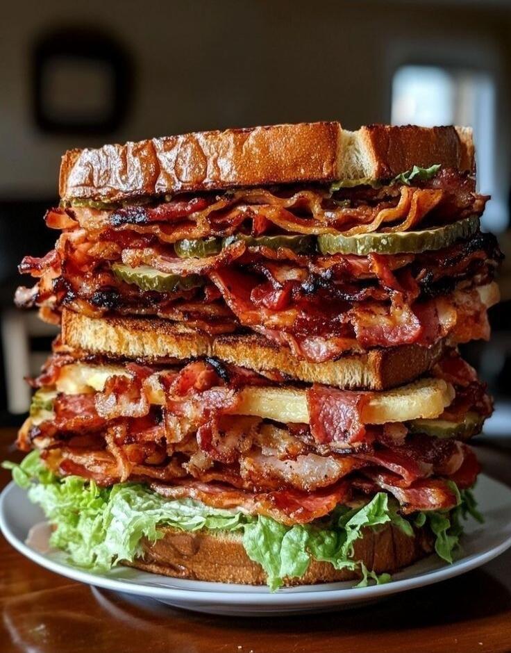 A massive, multi-layered sandwich overflowing with crispy bacon, fresh lettuce, and pickles, served on toasted bread.