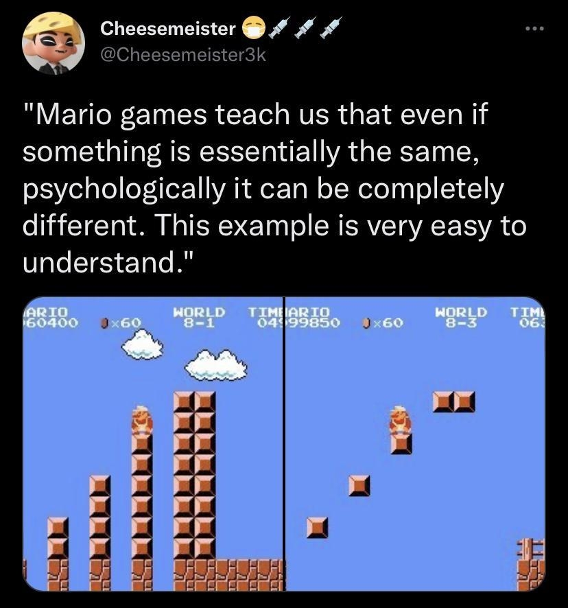 Cheesemeister Mario games teach us that even if something is essentially the same psychologically it can be completely different This example is very easy to understand