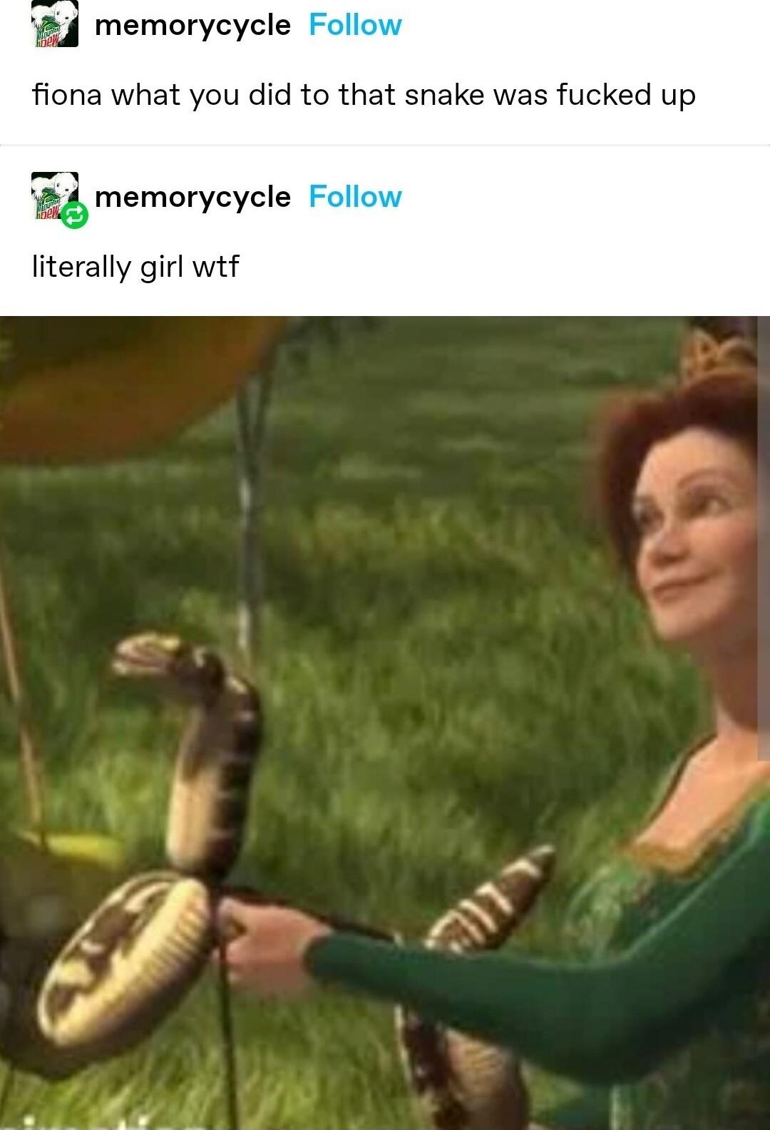 4 memorycycle fiona what you did to that snake was fucked up Em morycycle literally girl wtf