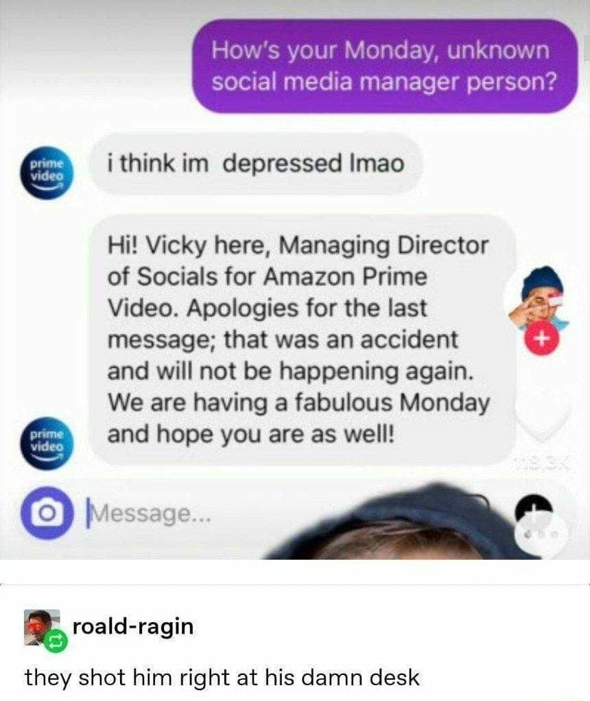 ithink im depressed Imao Hi Vicky here Managing Director of Socials for Amazon Prime Video Apologies for the last message that was an accident and will not be happening again We are having a fabulous Monday and hope you are as well mald ragin they shot him right at his damn desk