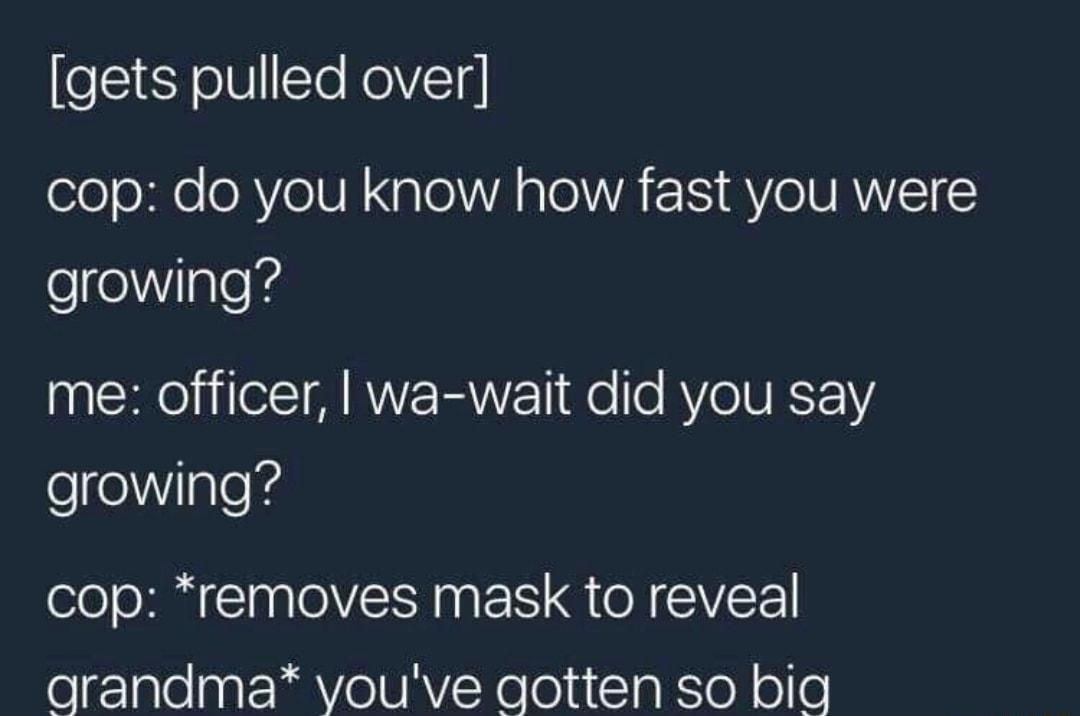 gets pulled over oleole oRYeIV N Xale VA e TR I Ve N RNVIET growing R0 T M AVVERRVETI e T AVOIUESTY growing cop removes mask to reveal grandma vouve gotten so big