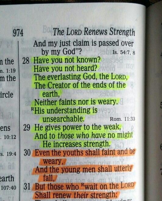 The LORD Renews Strength. And my just claim is passed over by my God? Have you not known? Have you not heard? The everlasting God, the LORD, The Creator of the ends of the earth, Neither faints nor is weary. His understanding is unsearchable. He gives power to the weak, And to those who have no might He increases strength. Even the youths shall fai