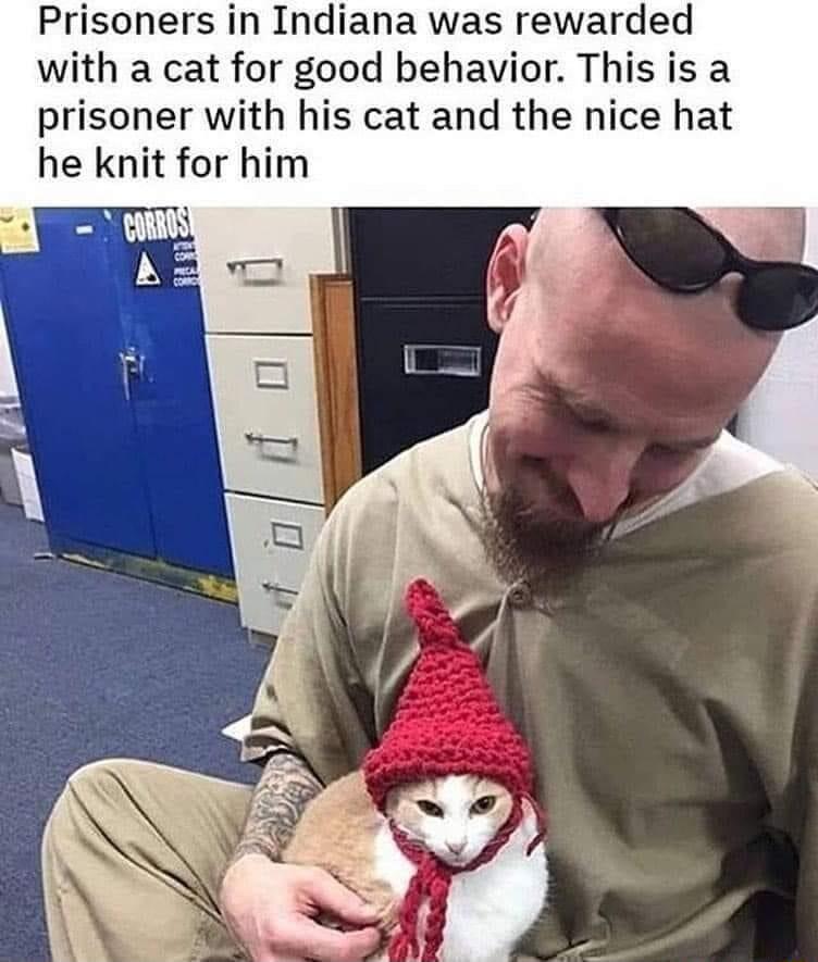 Prisoners in Indiana was rewarded with a cat for good behavior This is a prisoner with his cat and the nice hat he knit for him