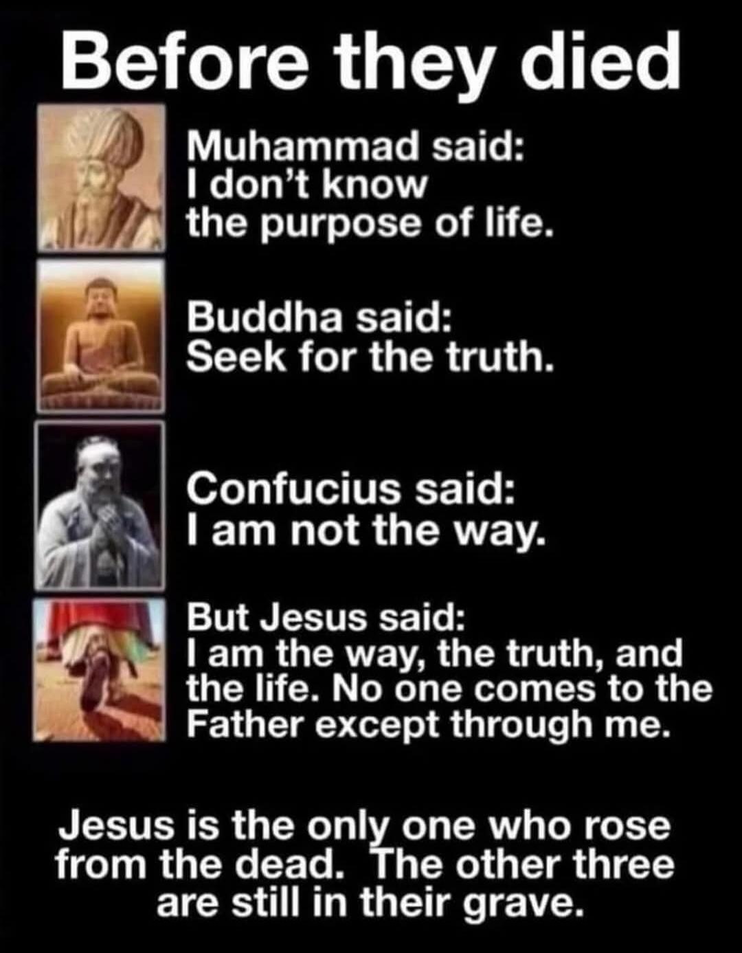 Before they died

Muhammad said:
I don’t know the purpose of life.

Buddha said:
Seek for the truth.

Confucius said:
I am not the way.

But Jesus said:
I am the way, the truth, and the life. No one comes to the Father except through me.

Jesus is the only one who rose from the dead. The other three are still in their grave.