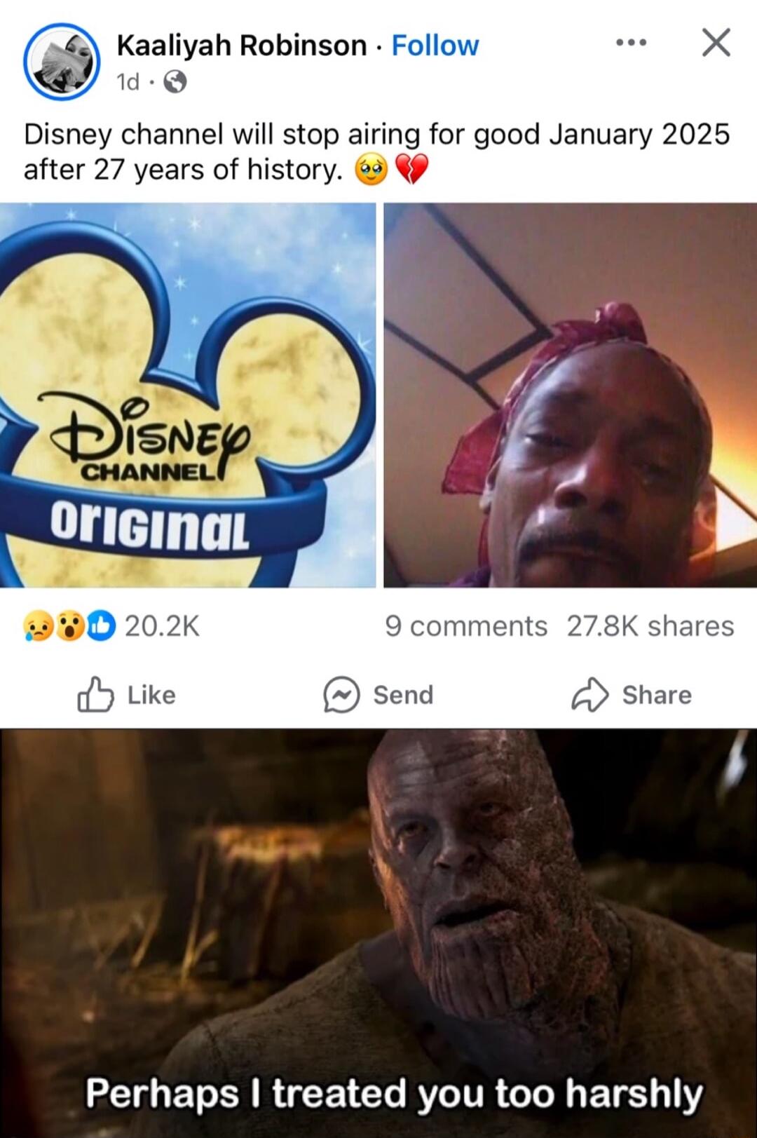 Kaaliyah Robinson Follow d Q Disney channel wil stop airing for good January 2025 after 27 years of history 9 comments 278K shares send share T ET A RO G RV TR T BT 1Y