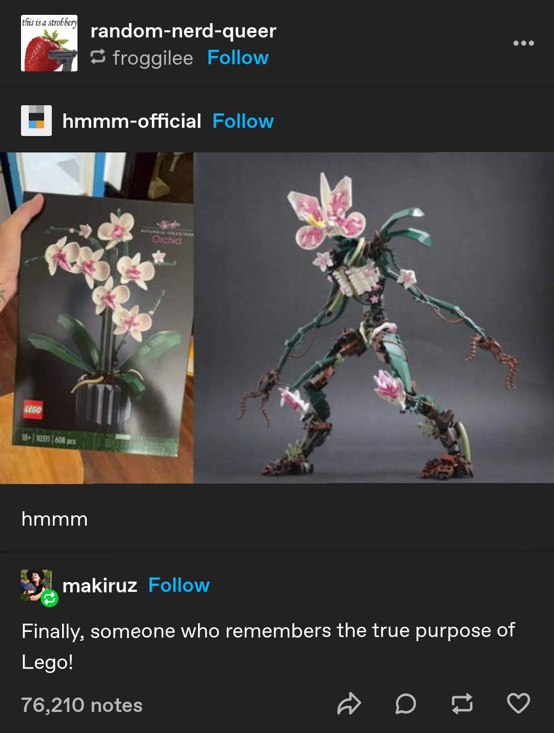 random nerd queer froggilee Follow B hmmm official Follow hmmm i makiruz Follow Finally someone who remembers the true purpose of Lego 76210 notes D B QO