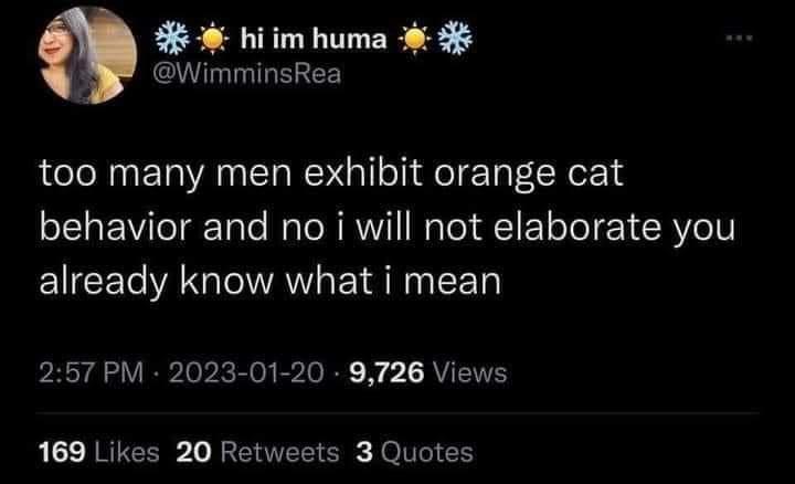 hiim huma WimminsRea too many men exhibit orange cat behavior and no i will not elaborate you EUCEC A GAY L EY SN R 257 PM 2023 01 20 9726 Views 169 Likes 20 Retweets 3 Quotes