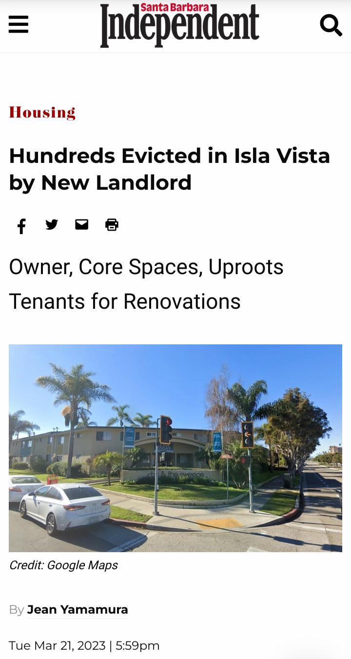 ndpndent Housing Hundreds Evicted in Isla Vista by New Landlord fvue8 Owner Core Spaces Uproots Tenants for Renovations Credit Google Maps 2y Jean Yamamura Tue Mar 212023 559pm