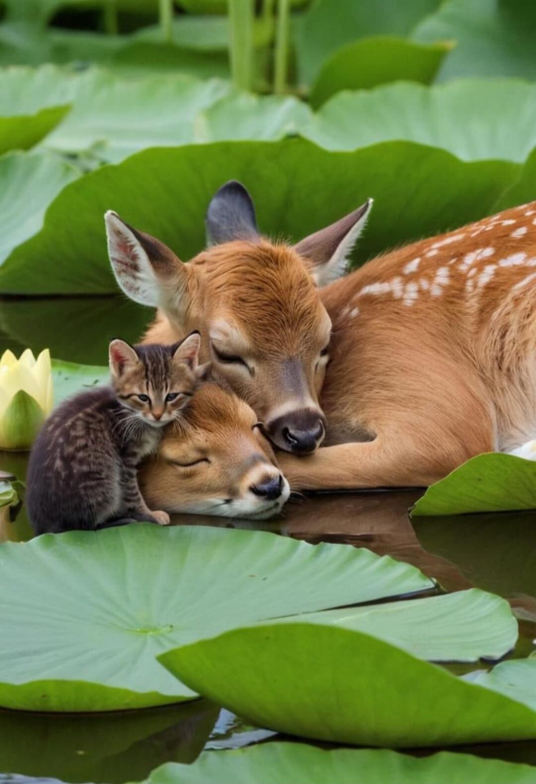 A young deer (fawn) and a kitten cuddling together on lily pads in a pond.