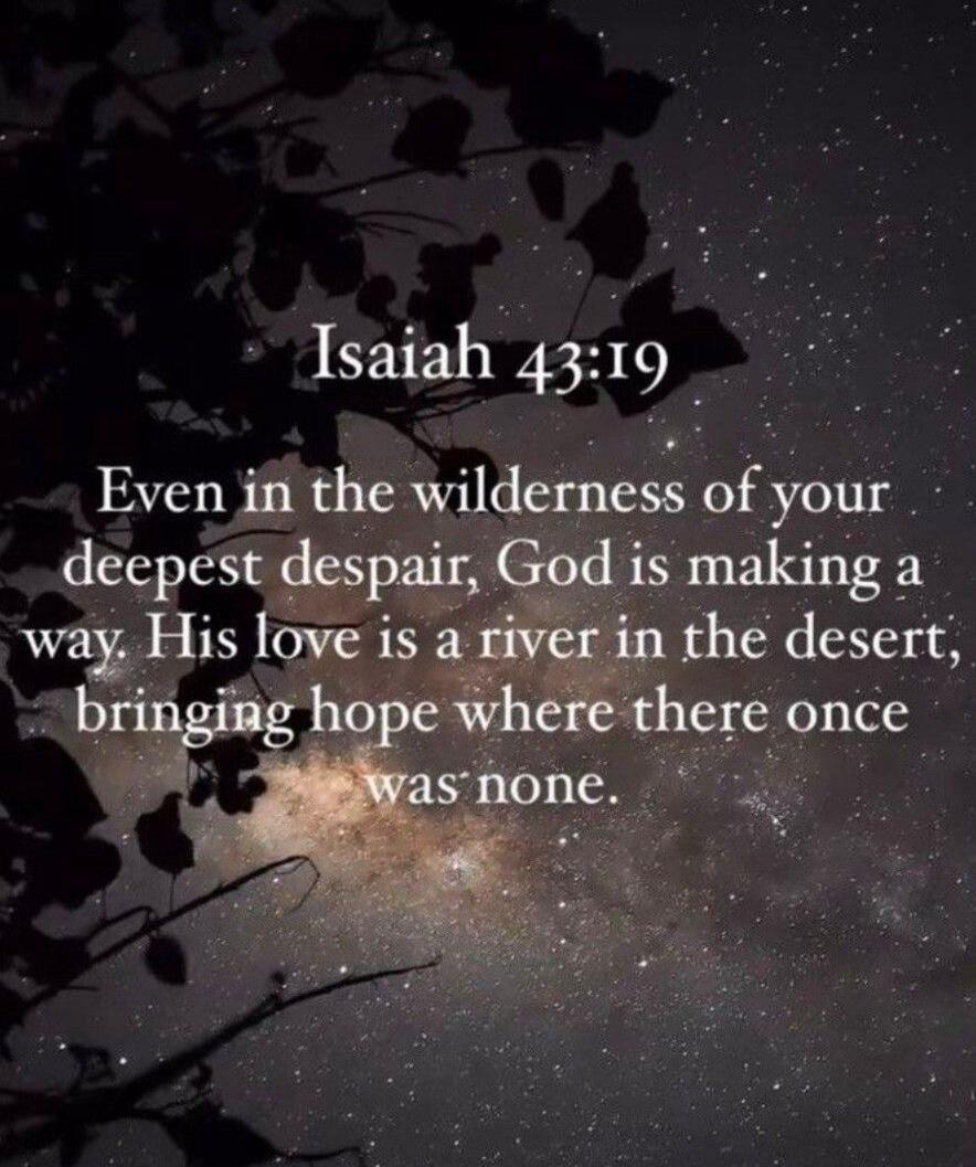 Isaiah 43:19
Even in the wilderness of your deepest despair, God is making a way. His love is a river in the desert, bringing hope where there once was none.