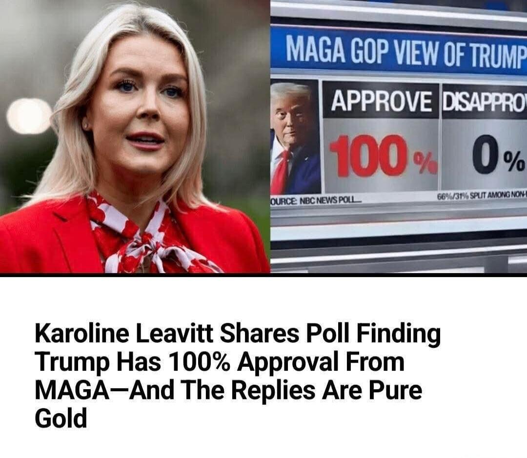 MAGA GOP VIEW OF TRUMP APPROVE 100% DISAPPROVE 0% SOURCE: NBC NEWS POLL Karoline Leavitt Shares Poll Finding Trump Has 100% Approval From MAGA—And The Replies Are Pure Gold