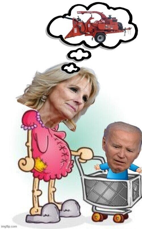 Jill Biden's head on a pregnant cartoon body pushing a shopping cart with Joe Biden's head on a baby inside. Jill Biden is thinking about a wood chipper.
