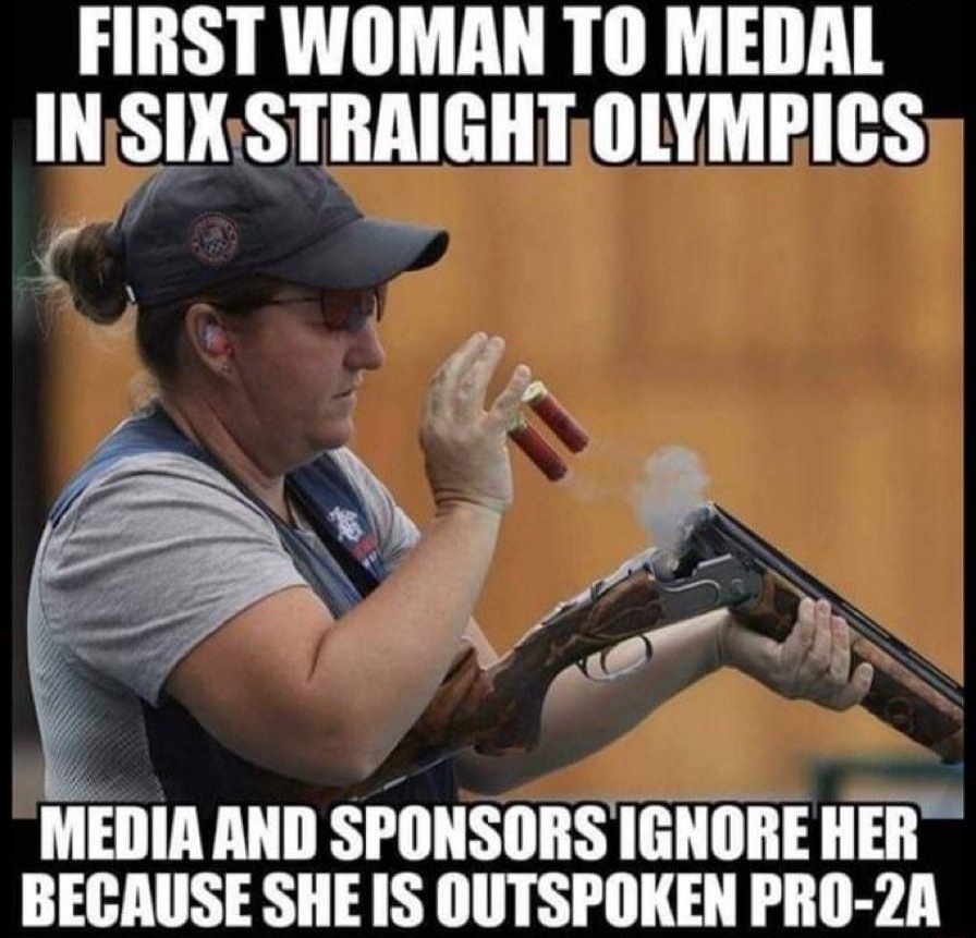 FIRST WOMAN TO MEDAL INSIXSTRAIGHTOLYMPICS MEDIA AND SPONSORS IGNORE HER BECAUSE SHE IS OUTSPOKEN PRO 2A