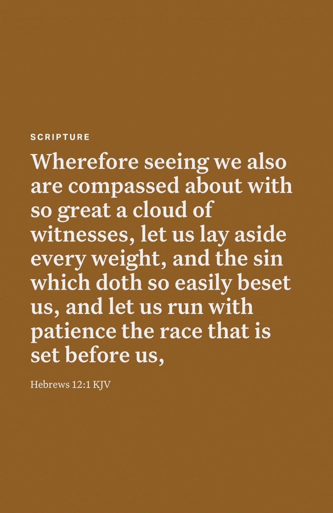 SCRIPTURE
Wherefore seeing we also are compassed about with so great a cloud of witnesses, let us lay aside every weight, and the sin which doth so easily beset us, and let us run with patience the race that is set before us,
Hebrews 12:1 KJV