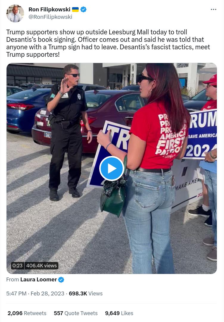 Trump supporters show up outside Leesburg Mall today to troll Desantiss book signing Officer comes out and said he was told that anyone with a Trump sign had to leave Desantiss fascist tactics meet Trump supporters 9649 ik