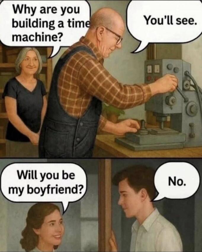 Why are you building a time machine? You'll see. Will you be my boyfriend? No.