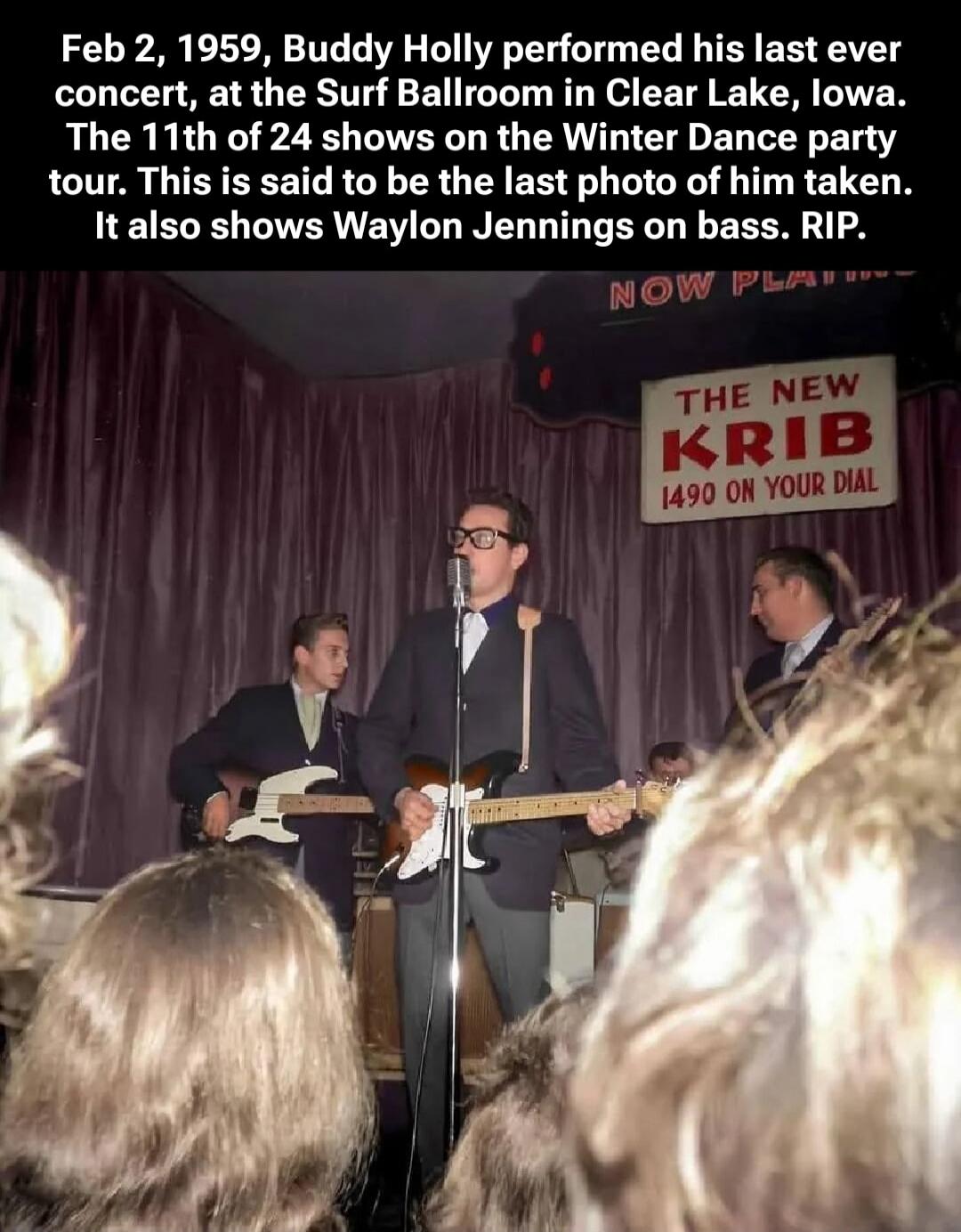 Feb 2, 1959, Buddy Holly performed his last ever concert, at the Surf Ballroom in Clear Lake, Iowa. The 11th of 24 shows on the Winter Dance party tour. This is said to be the last photo of him taken. It also shows Waylon Jennings on bass. RIP.