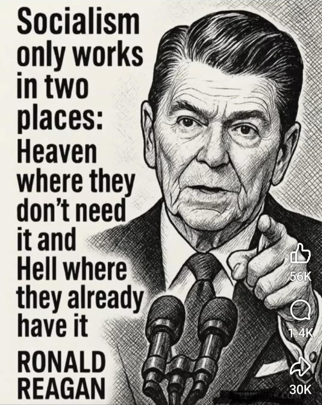 Socialism only works in two places: Heaven where they don’t need it and Hell where they already have it RONALD REAGAN