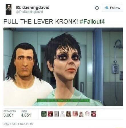 PULL THE LEVER KRONK! #Fallout4. The image shows two video game characters, one with long dark hair resembling Kronk from 'The Emperor's New Groove' and another with exaggerated facial features and heavy dark eye makeup, both from the game Fallout 4.