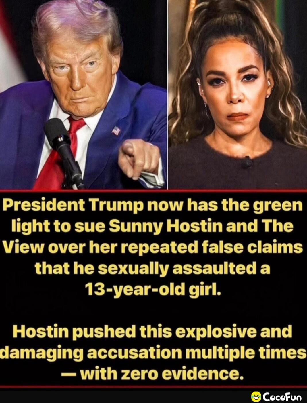 President Trump now has the green light to sue Sunny Hostin and The View over her repeated false claims that he sexually assaulted a 13-year-old girl. Hostin pushed this explosive and damaging accusation multiple times — with zero evidence.