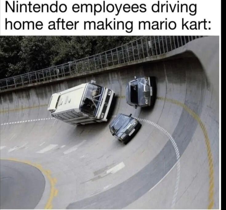 Nintendo employees driving home after making mario kart
