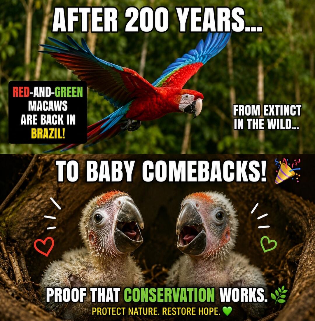 AFTER 200 YEARS... RED-AND-GREEN MACAWS ARE BACK IN BRAZIL! FROM EXTINCT IN THE WILD... TO BABY COMEBACKS! PROOF THAT CONSERVATION WORKS. PROTECT NATURE. RESTORE HOPE.