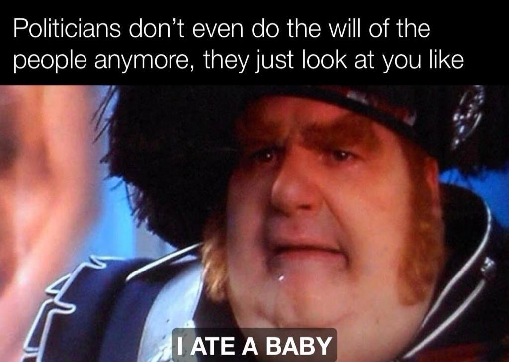 Politicians don't even do the will of the people anymore, they just look at you like I ATE A BABY