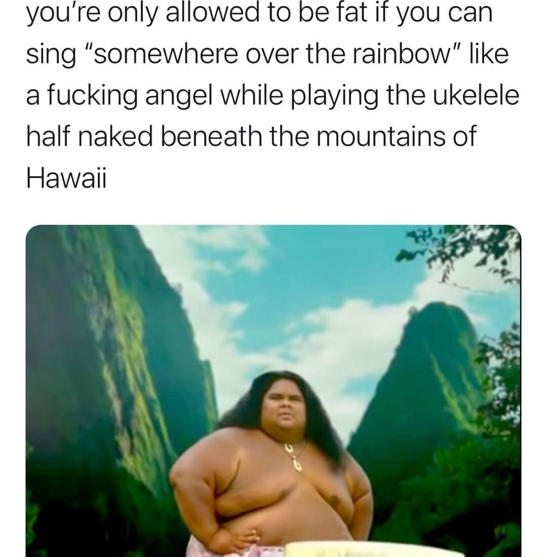 youre only allowed to be fat It you can sing somewhere over the rainbow like a fucking angel while playing the ukelele half naked beneath the mountains of Hawaii
