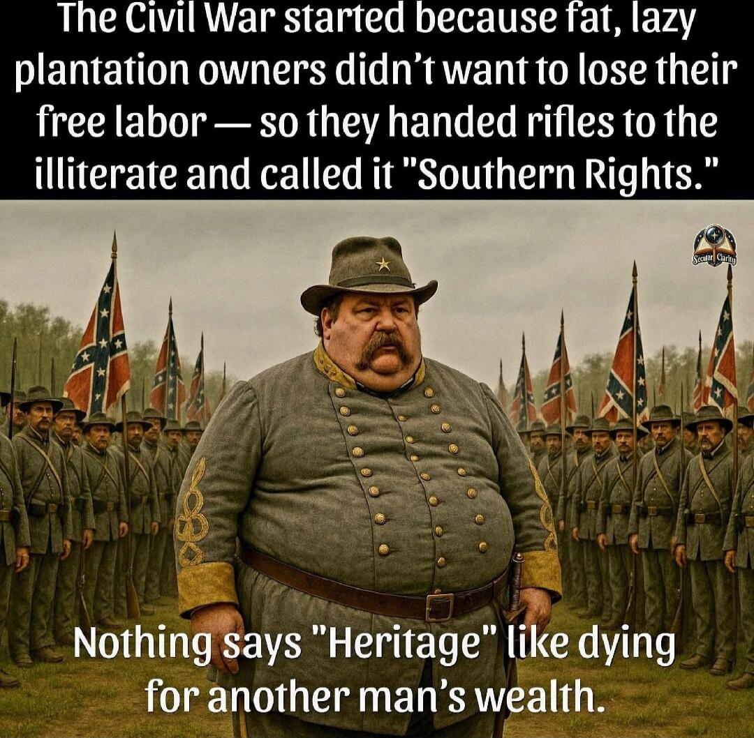 The Civil War started because fat, lazy plantation owners didn't want to lose their free labor — so they handed rifles to the illiterate and called it 