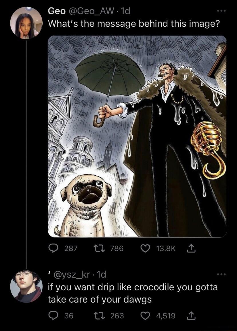 Geo Geo_AW 1d Whats the message behind this image Q 28 1 786 ysz_kr 1d if you want drip like crocodile you gotta take care of your dawgs il Q 4519 A