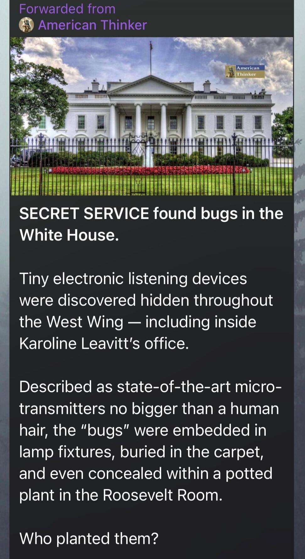 SECRET SERVICE found bugs in the White House.

Tiny electronic listening devices were discovered hidden throughout the West Wing — including inside Karoline Leavitt's office.

Described as state-of-the-art micro-transmitters no bigger than a human hair, the “bugs” were embedded in lamp fixtures, buried in the carpet, and even concealed within a pot