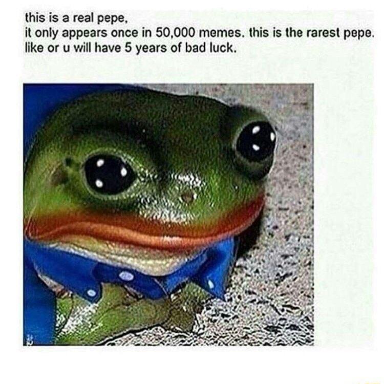 this is a real pepe it only appears once in 50000 memes this is the rarest pepe like or u will have 5 years of bad luck