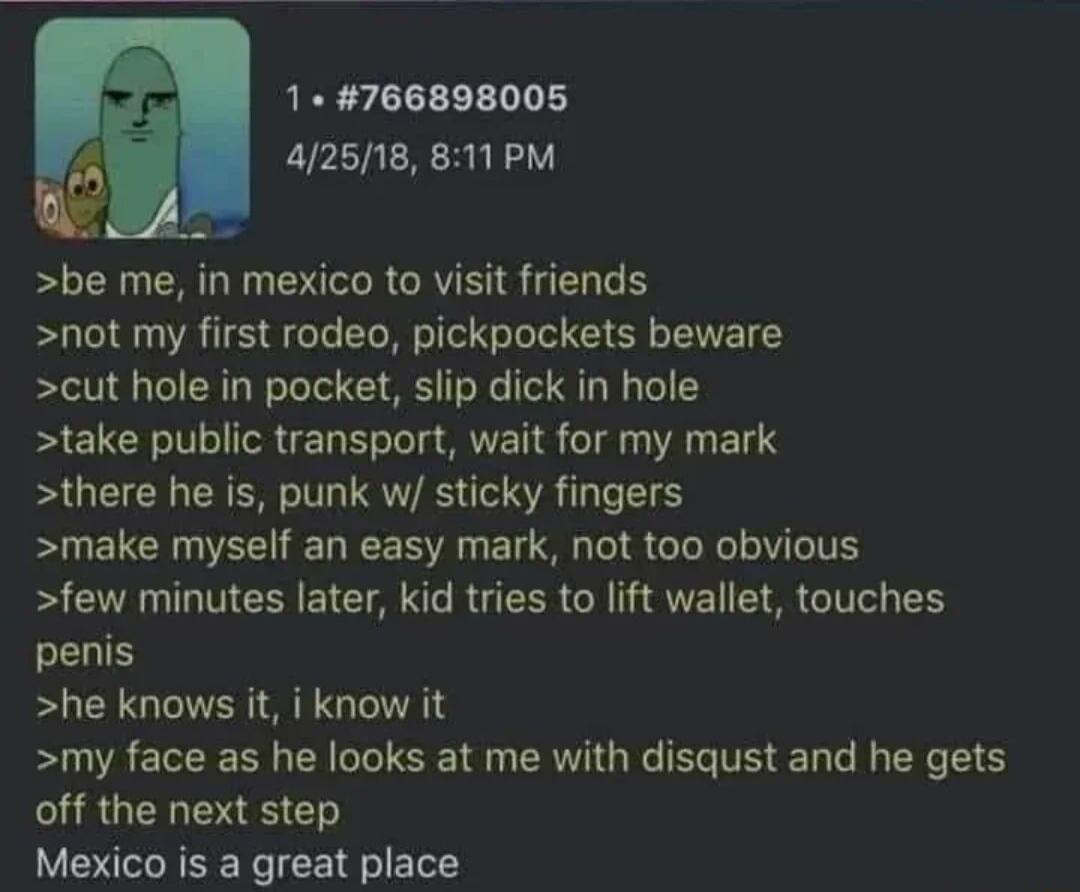 1 766898005 42518 811PM b N R T R CRY IS T not my first rodeo pickpockets beware cut hole in pocket slip dick in hole take public transport wait for my mark there he is punk w sticky fingers make myself an easy mark not too obvious few minutes later kid tries to lift wallet touches penis he knows it i know it my face as he looks at me with disqust and he gets off the next step Mexico is a great pl
