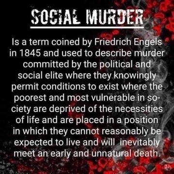 0CiAL MURDE i Is a term coined by Friedrich En in 1845 and used to describe murder committed by the political and social elite where they knowingly permit conditions to exist where the poorest and most vulnerablein so ciety are depryed RUEH LN SALEEL G hlaced in a position in which they cannvrfasonablyb expected to live and will_inevita meet an ealy and unn Gy