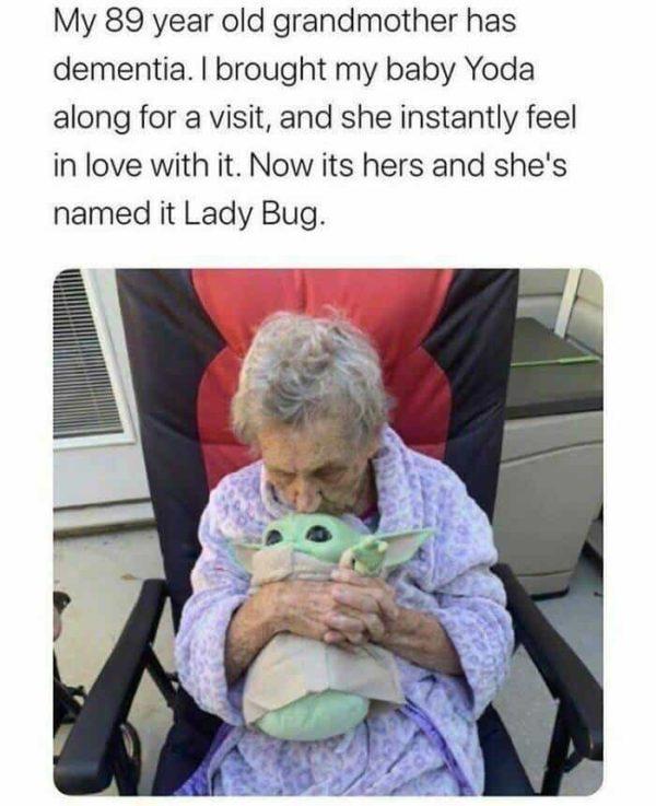 My 89 year old grandmother has dementia brought my baby Yoda along for a visit and she instantly feel in love with it Now its hers and shes named it Lady Bug