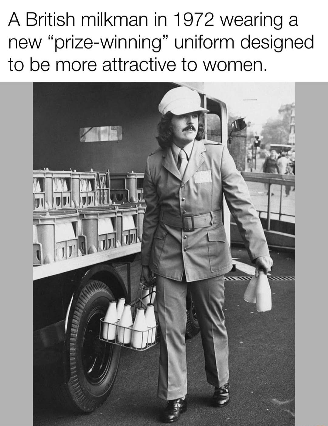A British milkman in 1972 wearing a new 
