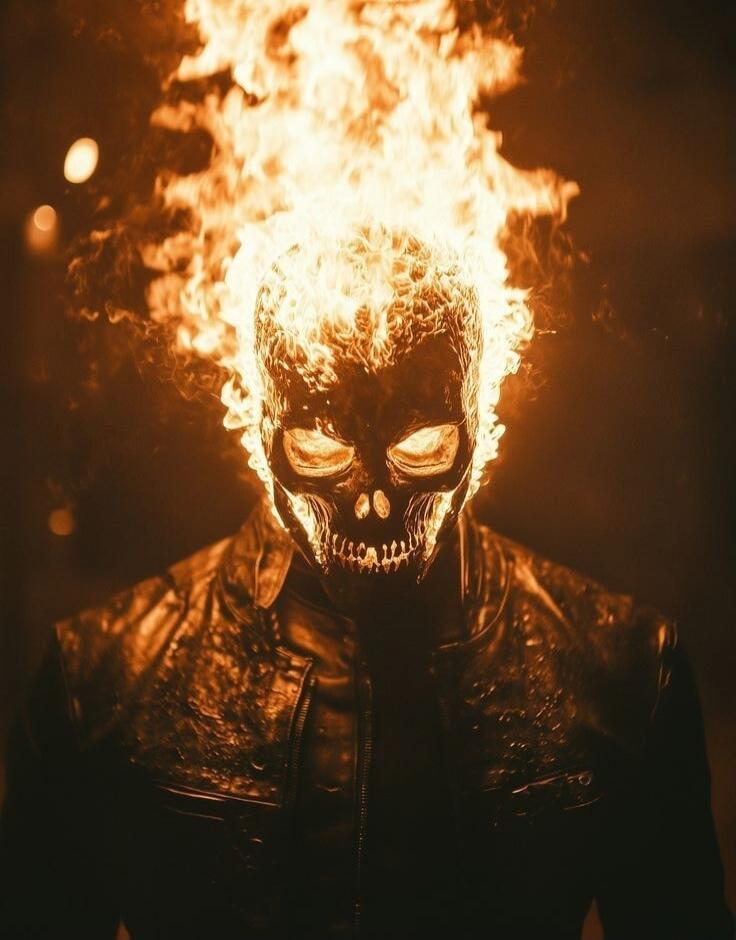 A person wearing a flaming skull mask, dark leather jacket, in a fiery background.
