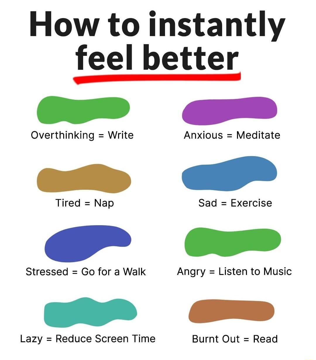 How to instantly feel better l Overthinking Write Anxious Meditate Tired Nap Sad Exercise Stressed Go for a Walk Angry Listen to Music Lazy Reduce Screen Time Burnt Out Read