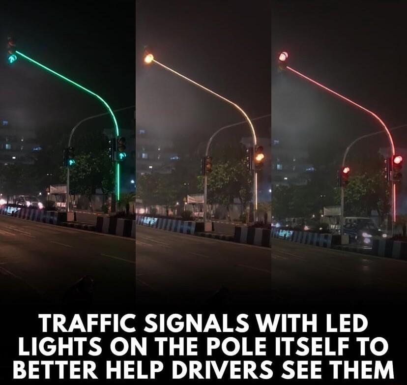 TRAFFIC SIGNALS WITH LED LIGHTS ON THE POLE ITSELF TO BETTER HELP DRIVERS SEE THEM