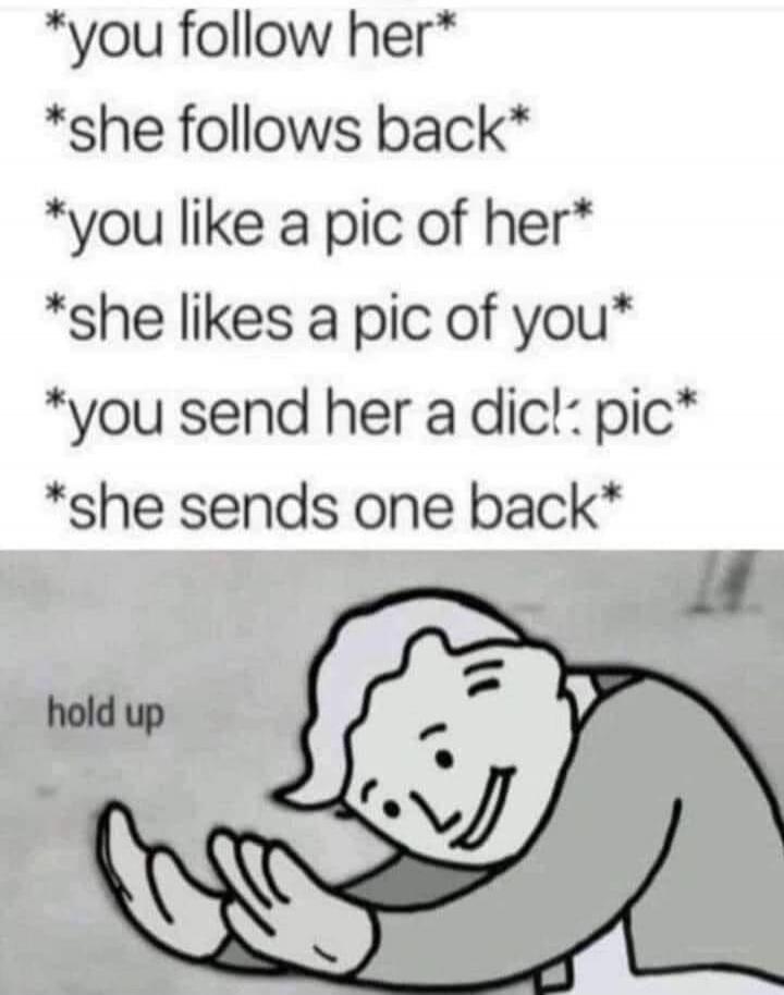 *you follow her* *she follows back* *you like a pic of her* *she likes a pic of you* *you send her a dick pic* *she sends one back* hold up