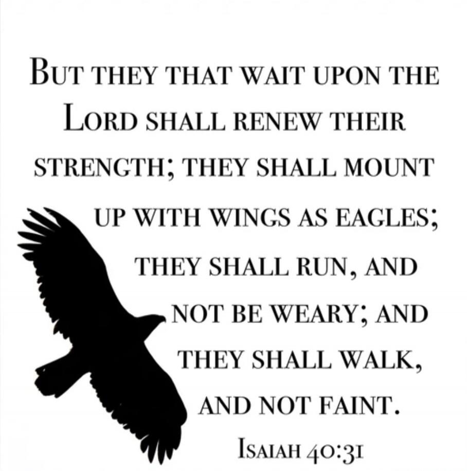 But they that wait upon the Lord shall renew their strength; they shall mount up with wings as eagles; they shall run, and not be weary; and they shall walk, and not faint. Isaiah 40:31