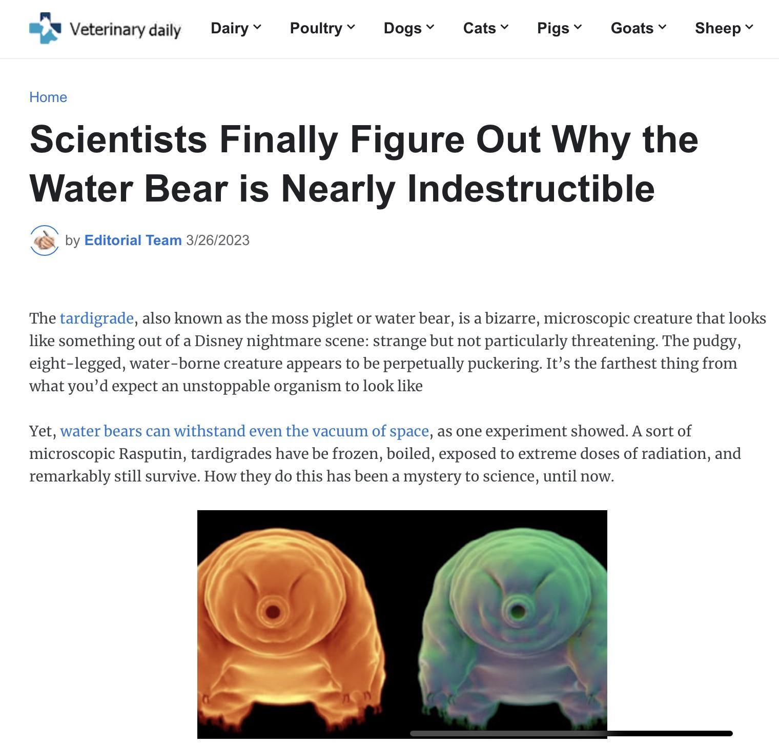 jternaryday Dsiye Poulryv Dogs Cav Pigs Gostsv Shesp Scientists Finally Figure Out Why the Water Bear is Nearly Indestructible B o o Team g The pudey et thing from o be perpeualy puckering 1 the s ook ke wht youd expectan unstoppble et e b ca il even e vacoen o sce s especinnt el A ot of miroscopic Rasutin tardigrades have e frozen b exposed o exteme doses ofradistion remarkatly il savive How chy 