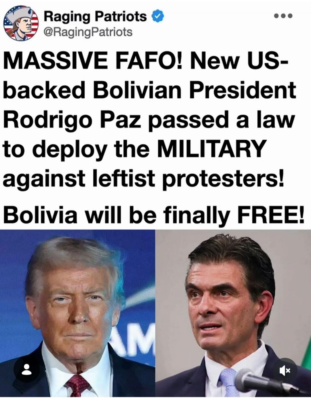 Raging Patriots @RagingPatriots MASSIVE FAFO! New US-backed Bolivian President Rodrigo Paz passed a law to deploy the MILITARY against leftist protesters! Bolivia will be finally FREE!