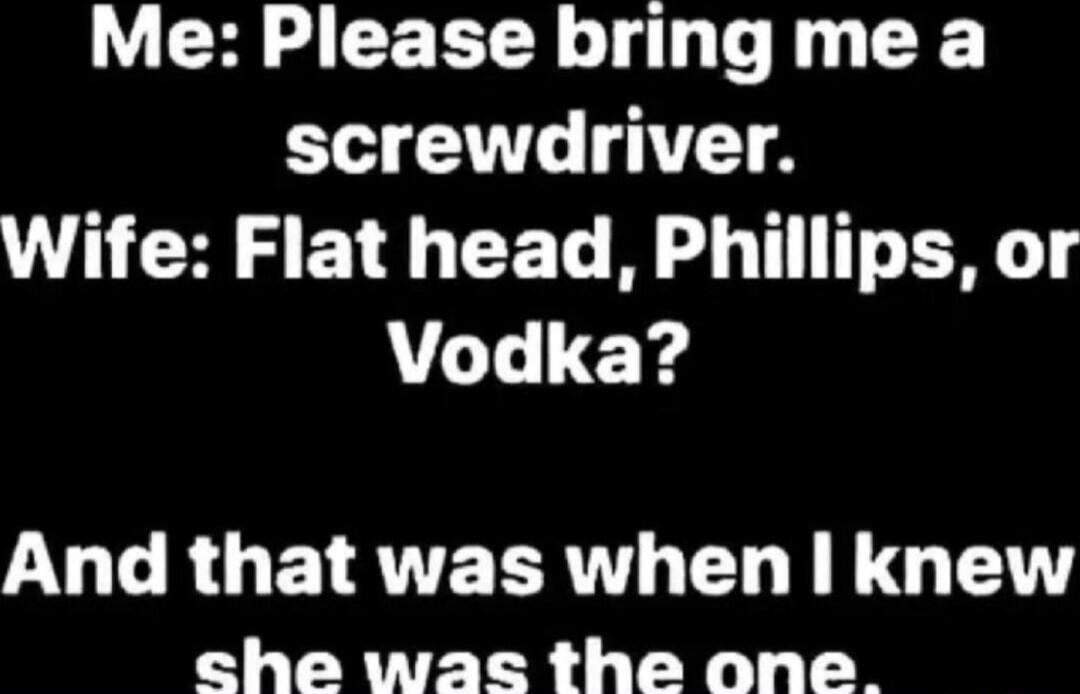 Me: Please bring me a screwdriver. Wife: Flat head, Phillips, or Vodka? And that was when I knew she was the one.