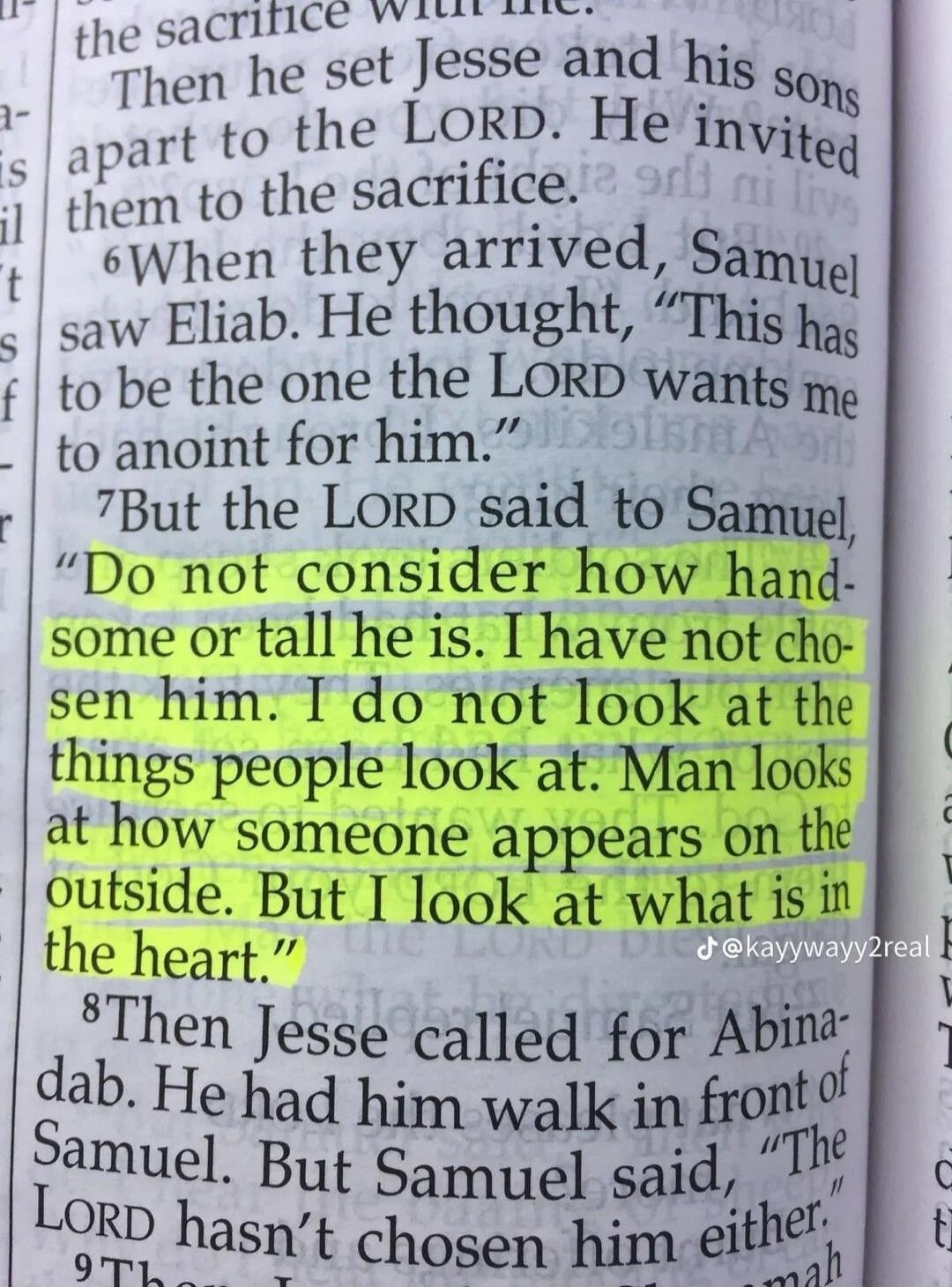 Then he set Jesse and his sons apart to the LORD. He invited them to the sacrifice. When they arrived, Samuel saw Eliab. He thought, 