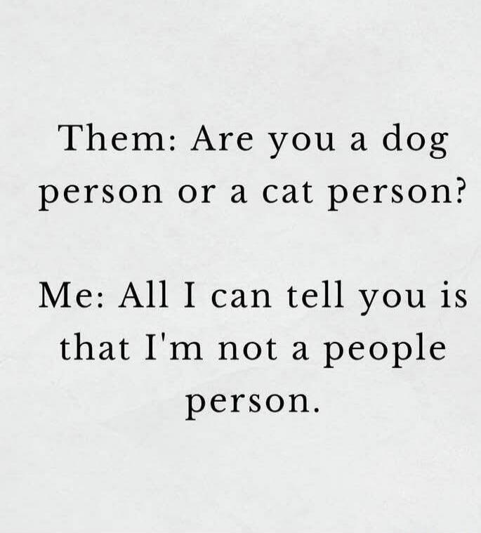 Them: Are you a dog person or a cat person? Me: All I can tell you is that I'm not a people person.