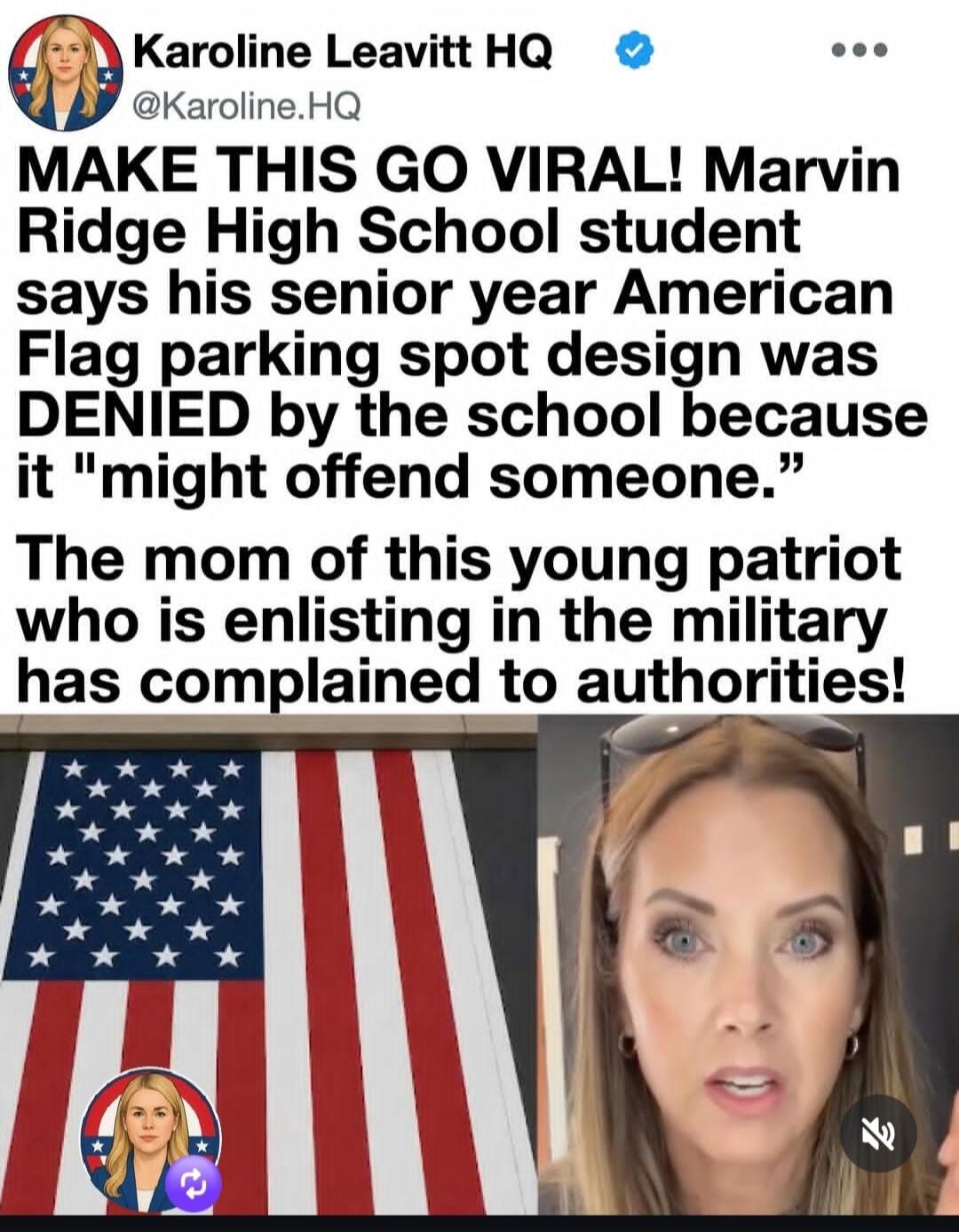 MAKE THIS GO VIRAL! Marvin Ridge High School student says his senior year American Flag parking spot design was DENIED by the school because it 