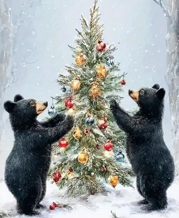 Two black bears decorating a Christmas tree in a snowy forest.