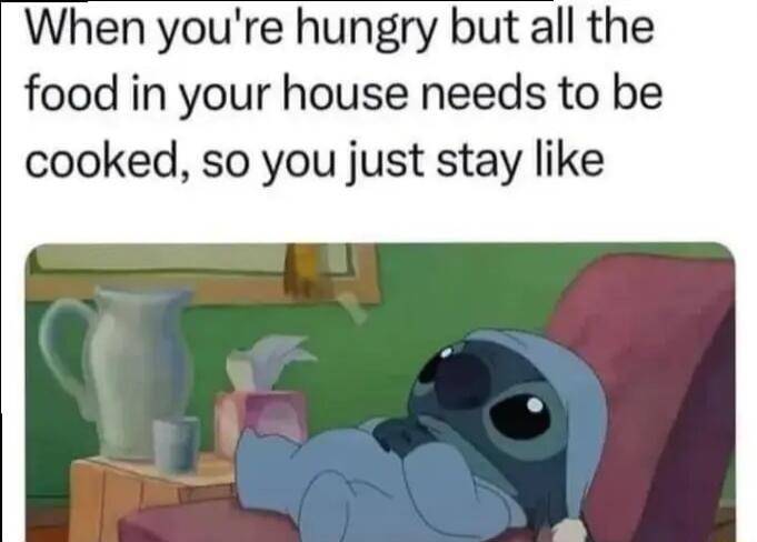 When youre hungry but all the food in your house needs to be cooked so you just stay like